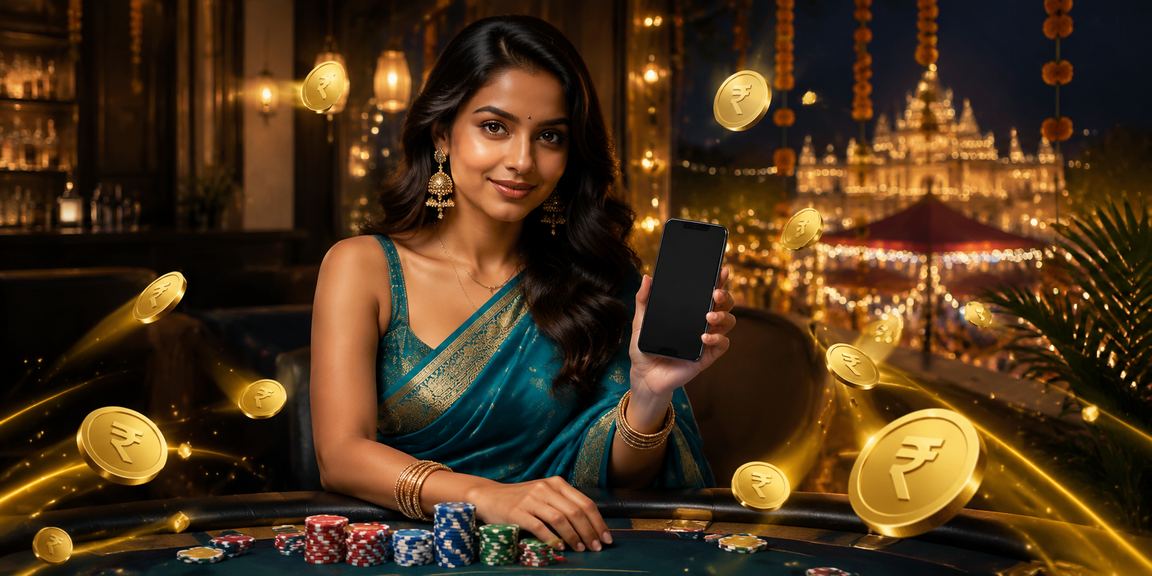 A woman enjoying mobile casino gaming in traditional Indian attire